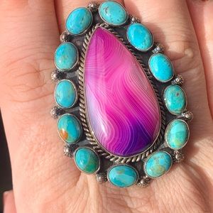 Fuchsia Agate & Turquoise sterling silver adjustable ring